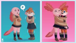  16:9 2018 amphibian amur_carp anthro axey_(wazzaldorp) axolotl blue_eyes blue_sclera carp clothing cold cyprinid cypriniform duo female fish footwear hi_res hug koi koi-chan legwear marine mole_salamander pink_eyes real_axolotl_hours salamander shaking sharing_clothing shivering socks typical_carp wazzaldorp widescreen 