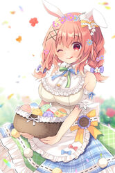  ;q animal_ears bad_id bad_pixiv_id bare_shoulders basket blue_flower blue_skirt blurry blurry_background blush bow braid breasts closed_mouth commentary depth_of_field detached_sleeves easter easter_egg egg english_commentary female flower frilled_skirt frills green_skirt hair_between_eyes hair_flower hair_ornament hairclip highres holding holding_basket medium_breasts one_eye_closed original pink_hair plaid plaid_skirt puffy_short_sleeves puffy_sleeves purinpurin purple_flower rabbit_ears red_eyes ribbon-trimmed_skirt ribbon_trim shirt short_sleeves skirt sleeveless sleeveless_shirt smile solo tongue tongue_out twin_braids white_shirt white_sleeves x_hair_ornament yellow_bow yellow_flower 