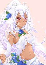  2020 armpits azur_lane bare_shoulders beige_background blue_flower blue_rose blush bodypaint breasts center_opening commentary_request crop_top crossed_bangs dark-skinned_female dark_skin detached_sleeves facepaint female flower groin hair_between_eyes hair_ornament high_ponytail highres long_hair looking_at_viewer medium_breasts midriff minneapolis_(azur_lane) minneapolis_(trapper_white)_(azur_lane) navel official_alternate_costume origami_aya ponytail red_eyes revealing_clothes rose shirt shirt_tug sidelocks signature simple_background skirt sleeveless sleeveless_shirt smile solo sparkle standing upper_body white_hair white_shirt white_skirt white_sleeves 