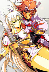  1boy armor blood blood_on_face blue_eyes breastplate brown_hair closed_eyes dress elwin_(langrisser) female hikaru_(mikan0407) holding holding_sword holding_weapon langrisser langrisser_ii long_hair looking_at_viewer looking_up parted_lips riana_(langrisser) short_dress short_hair short_sleeves shoulder_armor skeleton sword urushihara_satoshi_(style) very_long_hair weapon white_dress white_hair 