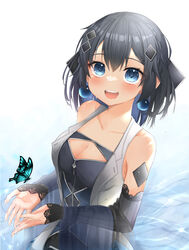  :d absurdres bad_id bad_pixiv_id bare_shoulders black_hair blue_eyes braid bug butterfly cleavage_cutout clothing_cutout collarbone colored_inner_hair crown_braid detached_sleeves earrings female highres jewelry medium_hair mole mole_under_eye multicolored_hair ocean open_mouth pepushi_drow shawl smile solo strapless teeth upper_teeth_only 