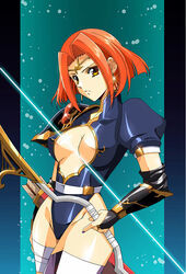  anna_(langrisser) arrow_(projectile) blue_leotard bow_(weapon) breasts bridal_gauntlets brown_eyes circlet cleavage cleavage_cutout closed_mouth clothing_cutout commentary_request commission cowboy_shot female hair_intakes highleg highleg_leotard hikaru_(mikan0407) holding holding_bow_(weapon) holding_weapon langrisser langrisser_mobile large_breasts leotard medium_hair nail_polish orange_hair pixiv_commission purple_nails quiver shiny_skin solo standing urushihara_satoshi_(style) weapon 