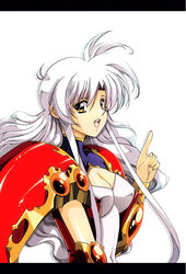  :d armor breasts claret_(langrisser) cleavage covered_navel covered_nipples female floating_hair hikaru_(mikan0407) index_finger_raised langrisser langrisser_v large_breasts long_hair shoulder_armor simple_background smile solo upper_body urushihara_satoshi_(style) white_background white_hair yellow_eyes 