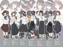  &gt;_&lt; bag black_footwear black_headwear black_skirt bow bow_hairband brown_eyes brown_hair brown_skirt character_name commentary_request female from_behind full_body grey_socks hairband hat hat_bow hat_on_chest high_heels highres holding holding_bag holding_clothes holding_pole long_skirt long_sleeves looking_at_viewer multiple_persona open_mouth pole price price_list product_placement road_sign running salute sandals shirt short_sleeves sign skirt sleeveless smile socks standing sweatdrop tokoroten_(hmmuk) touhou turning_around usami_renko week white_bow white_footwear white_headwear white_legwear white_shirt white_socks 