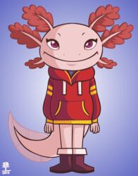  2018 amphibian anthro axey_(wazzaldorp) axolotl boots clothing female footwear gradient_background hi_res hoodie marine mole_salamander pink_eyes real_axolotl_hours salamander simple_background solo topwear wazzaldorp 