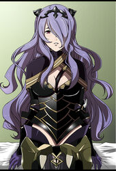  armor armored_leotard bed_sheet between_breasts black_capelet black_leotard breasts camilla_(fire_emblem) capelet cleavage commentary_request diadem faulds female fire_emblem fire_emblem_fates gloves green_background hair_over_one_eye hikaru_(mikan0407) leotard long_hair looking_at_viewer medium_breasts on_bed parted_lips purple_gloves purple_hair red_eyes sitting solo very_long_hair 