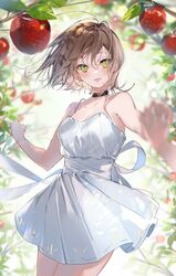  1boy apple apple_tree black_choker blush brown_hair choker commentary_request dress female food fruit green_eyes hair_between_eyes highres holding holding_hands interlocked_fingers miwano_rag open_mouth original out_of_frame outdoors short_hair tree white_dress 