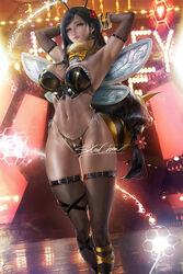  armpits arms_behind_head arms_up ass_visible_through_thighs banned_artist bikini black_bikini black_hair black_legwear bow bowtie breasts buckle cleavage closed_mouth detached_sleeves earrings fake_antennae fake_wings feet_out_of_frame female final_fantasy final_fantasy_vii final_fantasy_vii_remake fishnet_legwear fishnet_sleeves fishnets flower frilled_bikini frills fur_collar glowing hair_flower hair_ornament highleg highleg_bikini jewelry large_breasts long_hair looking_at_viewer low-tied_long_hair navel red_eyes red_flower ribbon sakimichan side-tie_bikini smile solo stage stage_lights standing stinger stomach swimsuit thighhighs tifa_lockhart very_long_hair white_ribbon wings wrist_cuffs yellow_bow yellow_neckwear 