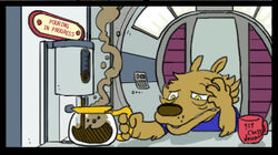  albert_lupine anthro ayato beverage blue_clothing blue_shirt blue_topwear brown_body brown_fur brown_nose canid canine canis clothing coffee coffee_cup coffee_pot container cup english_text fur half-closed_eyes hand_on_head holding_coffee_pot inside low_res machine male mammal narrowed_eyes pouring_coffee shirt solo spacecraft text tired topwear vehicle wolf yellow_eyes 