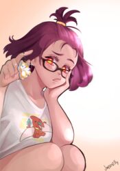  bangs_pinned_back bare_shoulders bright_pupils canine charm_(object) collarbone female glasses godzilla_(series) godzilla_singular_point gradient_background highres jaysosillyart kaijuu kamino_mei lips pero_2 purple_hair rodan shirt solo white_shirt 