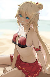  absurdres akai_haato akai_haato_(hololive_summer_2019) aqua_eyes bad_id bad_pixiv_id beach bikini blonde_hair blush breasts collarbone female grin hair_between_eyes hair_bun highres hololive icehotmilktea long_hair looking_at_viewer medium_breasts ocean official_alternate_costume official_alternate_hairstyle outdoors red_bikini sand single_hair_bun single_side_bun sitting smile solo swimsuit teeth very_long_hair virtual_youtuber 