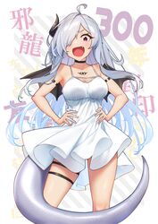  :d absurdres ahoge baffu borrowed_character breasts choker cleavage dragon_girl dress female grey_hair hair_over_one_eye hands_on_own_hips highres horns large_breasts long_hair oerba_yun_fang open_mouth original pointy_ears red_eyes short_dress single_horn slit_pupils smile solo standing sundress tail tattoo thighlet white_dress wings 