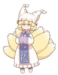  animal_hat blonde_hair blue_tabard blush chibi commentary_request dress female fox_tail full_body hands_in_opposite_sleeves hat light_smile looking_at_viewer mob_cap multiple_tails pointy_hat poronegi raised_eyebrows short_hair simple_background solo tabard tail touhou white_background white_dress white_footwear yakumo_ran yellow_eyes 