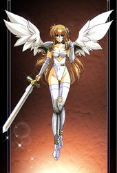  angel angel_wings armor ass_visible_through_thighs black_border blue_eyes border breasts brown_hair choker cleavage closed_mouth collarbone commission covered_navel feathered_wings female frown full_body highleg highleg_leotard hikaru_(mikan0407) holding holding_sword holding_weapon langrisser lens_flare leotard long_hair looking_at_viewer medium_breasts pillarboxed pixiv_commission purple_choker shoulder_armor solo sparkle straight_hair strapless strapless_leotard sword thigh_gap thighhighs urushihara_satoshi_(style) v-shaped_eyebrows very_long_hair weapon white_leotard white_thighhighs white_wings wings 