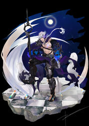  1boy abs absurdres alternate_costume alternate_pectoral_size armor bara bare_pectorals black_background black_sclera chase_(king&#039;s_raid) chest_belt clothes_lift colored_sclera demon_horns eye_trail full_moon gauntlets glowing glowing_armor glowing_eyes glowing_skin greaves grey_hair highres horns king&#039;s_raid large_pectorals light_trail looking_at_viewer male_focus moon muscular muscular_male nipples pauldrons pectorals pelvic_curtain pelvic_curtain_lift planted ren_(rendrrr) short_hair shoulder_armor single_pauldron solo stomach yellow_eyes 