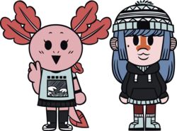  2018 alpha_channel amphibian amur_carp anthro axey_(wazzaldorp) axolotl beanie bottomwear carp chibi clothed clothing cyprinid cypriniform duo female fish footwear fully_clothed gesture hand_gesture hat headgear headwear hi_res hoodie koi koi-chan legwear marine mole_salamander real_axolotl_hours salamander simple_background skirt socks topwear transparent_background typical_carp v_sign wazzaldorp 