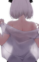  back back_focus backboob bare_shoulders bob_cut breasts female hands_up highres huge_breasts li_zhiheng my_harem_grew_so_large_i_was_forced_to_ascend see-through_silhouette short_hair simple_background solo steaming_body sweat undressing upper_body white_background white_hair yun_youyou 