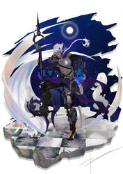  1boy abs absurdres alternate_costume alternate_pectoral_size alternate_skin_color armor bara bare_pectorals black_sclera chase_(king&#039;s_raid) chest_belt clothes_lift colored_sclera colored_skin demon_horns eye_trail full_body full_moon gauntlets glowing glowing_armor glowing_eyes glowing_skin greaves grey_hair grey_skin highres horns king&#039;s_raid large_pectorals light_trail looking_at_viewer male_focus moon muscular muscular_male nipples pauldrons pectorals pelvic_curtain pelvic_curtain_lift planted ren_(rendrrr) short_hair shoulder_armor single_pauldron solo stomach white_background yellow_eyes 