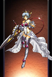  armored_boots black_border blue_eyes boots border breasts cape choker circlet covered_navel detached_sleeves female full_body grey_hair hair_ornament highleg highleg_leotard hikaru_(mikan0407) holding holding_weapon langrisser langrisser_ii large_breasts layered_sleeves lens_flare leotard long_sleeves looking_at_viewer outstretched_arm pillarboxed sherry_(langrisser) short_hair solo standing standing_on_one_leg thigh_boots thighhighs urushihara_satoshi_(style) waist_cape weapon white_cape white_leotard white_sleeves 