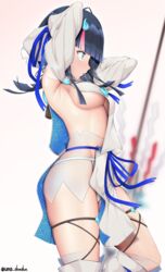  armpits arms_behind_head arms_up bare_shoulders black_hair blue_eyes blue_ribbon blurry blush breasts depth_of_field detached_leggings fate/grand_order fate/requiem fate_(series) female large_breasts long_sleeves magatama medium_hair multicolored_hair pink_hair polearm ribbon seigaiha sideboob sidelocks simple_background solo spear streaked_hair thighs two-sided_fabric two-sided_skirt unadon utsumi_erice weapon white_background white_legwear 