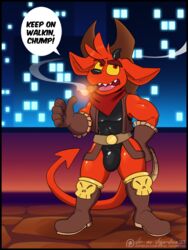  3:4 anthro belt boots bulge cigar clothed clothing cowboy_boots cowboy_hat cowboy_outfit demon footwear fur gremile_&#039;hotshot&#039; hat headgear headwear imp kings_of_hell male red_body red_eyes red_fur smoking solo spade_tail tail vir-no-vigoratus yellow_sclera 