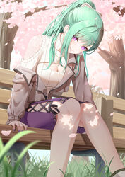  absurdres bag bench black_ribbon bow breasts brown_jacket cherry_blossoms cleavage cleavage_cutout clothing_cutout cross-laced_clothes cross-laced_skirt cross-laced_slit female frilled_skirt frills green_hair hair_ornament hairbow hairclip highres jacket jewelry kishiro_(mameyamu_matu) large_breasts leaning_forward long_hair long_sleeves looking_at_viewer meme_attire mole mole_on_breast necklace off_shoulder official_alternate_costume open-chest_sweater open_clothes open_jacket outdoors ponytail purple_eyes purple_nails purple_skirt ribbed_sweater ribbon shoulder_cutout sideless_outfit sitting skirt smile solo sweater swept_bangs tree turtleneck turtleneck_sweater virtual_youtuber vspo! white_bow white_sweater wind yakumo_beni yakumo_beni_(3rd_costume) 