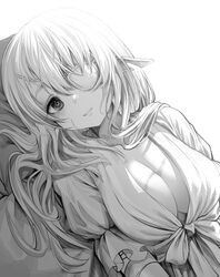  absurdres bandaged_arm bandages blouse boroboro_no_elf-san_o_shiawaseni_suru_kusuri_uri-san breasts cleavage commentary elf eyepatch female gibagiba greyscale highres hole_in_ears large_breasts long_hair monochrome pillow pointy_ears reclining reszurre scar scar_on_breasts scar_on_face shirt smile solo upper_body 