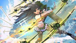  aircraft airplane armor arrow_(projectile) asymmetrical_gloves black_hair black_thighhighs blue_eyes blue_sky blush cloud commentary_request day female fingerless_gloves flight_deck fundoshi furisode gloves hair_between_eyes hair_ornament hair_ribbon highres japanese_clothes kantai_collection katsuragi_(kancolle) katsuragi_kai_(kancolle) kimono long_hair looking_at_viewer midriff navel ocean open_mouth outdoors pleated_skirt ponytail ribbon shinmai_(kyata) skirt sky thighhighs turret uneven_gloves white_ribbon 