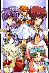  5girls blonde_hair blue_eyes blue_hair capelet chris_(langrisser) closed_eyes crop_top fingerless_gloves flare_(langrisser) gloves hair_between_eyes hairband hikaru_(mikan0407) lambda_(langrisser) langrisser langrisser_ii langrisser_iii langrisser_iv langrisser_v lens_flare long_hair long_skirt looking_down medium_hair midriff multiple_girls navel orange_hair own_hands_clasped own_hands_together pink_capelet pink_headwear purple_hair red_hair riana_(langrisser) schelfaniel_(langrisser) short_sleeves skirt stomach tears urushihara_satoshi_(style) white_gloves white_skirt 