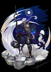  1boy abs absurdres alternate_costume alternate_pectoral_size alternate_skin_color armor bara bare_pectorals black_background black_sclera chase_(king&#039;s_raid) chest_belt clothes_lift colored_sclera colored_skin demon_horns eye_trail full_moon gauntlets glowing glowing_armor glowing_eyes glowing_skin greaves grey_hair grey_skin highres horns king&#039;s_raid large_pectorals light_trail looking_at_viewer male_focus moon muscular muscular_male nipples pauldrons pectorals pelvic_curtain pelvic_curtain_lift planted ren_(rendrrr) short_hair shoulder_armor single_pauldron solo stomach yellow_eyes 