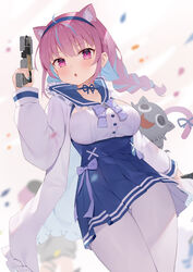  :d :o @_@ absurdres ahoge anchor_symbol animal_ears apex_legends b3_wingman blue_choker blue_hair blue_hairband blue_nails blue_ribbon blue_skirt blurry blurry_background blush bow braid breasts cat_ears cat_girl cat_tail choker collarbone colored_inner_hair commentary dual_wielding female french_braid frilled_sailor_collar frilled_shirt_collar frills gun hairband high-waist_skirt highres holding holding_gun holding_weapon hololive jacket long_hair long_sleeves looking_at_viewer medium_breasts minato_aqua minato_aqua_(sailor) multicolored_hair neko_(minato_aqua) official_alternate_costume open_clothes open_jacket pantyhose pink_eyes pink_hair pleated_skirt purple_bow purple_hair ribbon ribbon_choker sailor_collar shirt sidelocks skirt smile solo standing streaked_hair tail tail_ornament tail_ribbon thigh_gap toki_(1243309499) tokoyami_towa twin_braids twintails two-tone_hair underbust virtual_youtuber weapon white_background white_jacket white_pantyhose white_shirt wind 