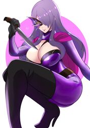  alternate_costume black_footwear black_gloves bodysuit boots breast_strap breasts camilla_(fire_emblem) cape cleavage cosplay curvy female fire_emblem fire_emblem_fates fire_emblem_heroes foreshortening gloves hair_over_one_eye half-closed_eyes half_mask high_heel_boots high_heels highres holding holding_knife huge_breasts ihsnet knife leila_(fire_emblem) leila_(fire_emblem)_(cosplay) leila_(thief)_(fire_emblem) lips long_hair mask purple_bodysuit purple_eyes purple_hair sidelocks smile solo squatting thigh_boots 