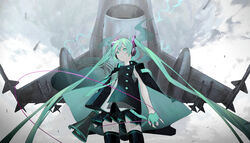  absurdres aircraft airplane aqua_eyes aqua_gloves aqua_hair aqua_necktie black_skirt cloud cloudy_sky commentary female floating_clothes floating_neckwear from_below gloves hatsune_miku headset highres holding holding_megaphone koi_wa_sensou_(vocaloid) lightning long_hair matsuura_kento megaphone military military_vehicle mitsubishi_f-2 necktie outdoors pleated_skirt revision skirt sky solo twintails very_long_hair vocaloid 