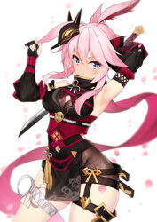  absurdres animal_ears armpits blue_eyes blush breasts cherry_blossoms commentary_request female fishnet_fabric fox_ears frown hair_between_eyes highres holding holding_sword holding_weapon honkai_(series) honkai_impact_3rd large_breasts leaf long_hair long_scarf looking_at_viewer mask mask_on_head navel ninja petals pink_hair ribbon scarf simple_background solo sword very_long_hair weapon white_background white_ribbon wu_yao_jun yae_kasumi yae_sakura 