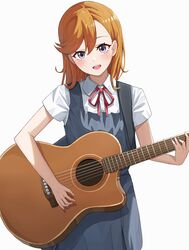  aftamc blue_dress blush collared_shirt dress female guitar hair_between_eyes highres holding holding_instrument instrument long_hair looking_at_viewer love_live! love_live!_superstar!! medium_hair neck_ribbon open_mouth orange_hair purple_eyes red_ribbon ribbon school_uniform shibuya_kanon shirt simple_background solo white_background white_shirt yuigaoka_school_uniform 