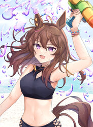  absurdres ahoge animal_ears arm_strap arm_up armpits beach bead_bracelet beads bikini black_bikini bracelet breasts brown_hair commentary_request ear_ornament female highres holding holding_water_gun horse_ears horse_girl horse_tail jewelry long_hair looking_at_viewer medium_breasts midriff nakayama_festa_(entrust_myself_to_the_dice)_(umamusume) nakayama_festa_(umamusume) navel ocean official_alternate_costume official_alternate_hairstyle open_mouth outdoors partial_commentary pitsugi purple_eyes sand smile solo swimsuit tail umamusume upper_body water water_gun 