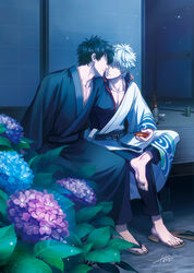  2boys alcohol bad_id bad_pixiv_id barefoot black_kimono black_pants black_shirt blue_flower brown_footwear cup feet flower gintama hadanugi_dousa highres hijikata_toushirou holding holding_cup hydrangea japanese_clothes kimono long_sleeves male_focus multiple_boys open_clothes open_kimono pants pink_flower purple_flower sakata_gintoki sakazuki sake sandals shirt signature tengo_(metron) white_kimono wide_sleeves yaoi zouri 