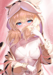  animal_costume animal_hood animal_print betty_(ferocious_housecat)_(neural_cloud) betty_(neural_cloud) blonde_hair blue_eyes blush bra breasts commentary_request ehart female girls&#039;_frontline girls&#039;_frontline_neural_cloud hair_over_mouth hood idw_(girls&#039;_frontline) long_sleeves looking_at_viewer medium_breasts official_alternate_costume open_clothes solo tiger_costume tiger_print underwear upper_body white_bra 