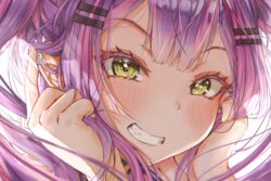  bad_id bad_pixiv_id blush close-up ear_piercing esearu female fingernails green_eyes grin hair_ornament hairclip highres hololive long_hair looking_at_viewer multicolored_hair multicolored_nails piercing pink_hair pink_nails portrait purple_hair sidelocks smile solo streaked_hair tokoyami_towa tokoyami_towa_(1st_costume) twintails virtual_youtuber yellow_nails 