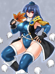  adapted_costume armpit_peek black_footwear black_gloves blue_hair blue_leotard blue_sleeves blue_thighhighs boots coat compression_sleeve covered_navel female gloves hat hauchiwa highleg highleg_leotard highres iizunamaru_megumu leotard long_hair pointy_ears pom_pom_(clothes) red_eyes ribbon_trim shetake shoulder_guard simple_background sleeveless sleeveless_coat solo thighhighs tokin_hat touhou touhou_tag_dream turtleneck white_background wrestling_outfit 