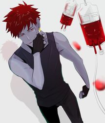  1boy aeka_(0ameiro0) birthmark blood blood_bag colored_skin fingerless_gloves glalda gloves highres intravenous_drip male_focus purple_skin red_eyes red_hair short_hair solo tank_top the_saga_of_darren_shan 