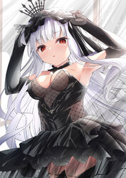  armpits azur_lane backlighting black_dress black_gloves black_veil breasts bridal_veil crown dress elbow_gloves female fishnet_fabric gloves highres long_hair looking_at_viewer madotsukumo medium_breasts mini_crown open_mouth queen_elizabeth_(azur_lane) queen_elizabeth_(meta)_(azur_lane) red_eyes sleeveless sleeveless_dress solo veil very_long_hair white_hair 