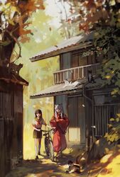  1boy animal animal_ears architecture autumn_leaves balcony barefoot bicycle black_hair black_skirt commentary_request crossed_arms dog_ears east_asian_architecture feline female higurashi_kagome holding house inuyasha inuyasha_(character) japanese_clothes kimono kneehighs leaf loafers long_hair long_sleeves looking_at_another lying neckerchief outdoors red_kimono red_neckerchief sailor_collar scenery school_uniform serafuku shirt shoes skirt socks tree walking walking_bike white_hair white_shirt wide_sleeves yueko_(jiayue_wu) 