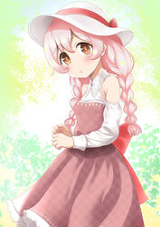  back_bow bare_shoulders blush bow braid breasts bright_pupils brown_eyes checkered_clothes closed_mouth collar collared_dress dress expressionless feet_out_of_frame female from_side green_background hair_between_eyes hat hat_ribbon head_tilt highres holding holding_own_hair lace-trimmed_dress lace_trim long_dress long_hair long_sleeves looking_at_viewer multicolored_clothes multicolored_dress naharyou off-shoulder_dress off_shoulder onii-chan_wa_oshimai! oyama_mahiro pink_hair red_bow red_dress red_ribbon ribbon small_breasts solo sun_hat twin_braids white_collar white_hat white_sleeves 