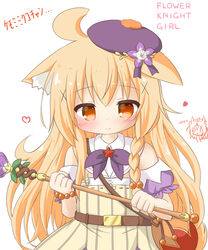  ahoge animal_ear_fluff animal_ears bare_shoulders beret blonde_dog_girl_(ri-net) blonde_hair braid brown_dress brown_eyes closed_mouth commentary_request copyright_name detached_sleeves dog_ears dog_girl dog_tail dress female flower flower_knight_girl hair_between_eyes hair_flower hair_ornament hat heart highres holding holding_staff kuko_(flower_knight_girl) photoshop_(medium) puffy_short_sleeves puffy_sleeves purple_flower purple_hair purple_sleeves ri-net short_sleeves side_braid single_braid smile solo staff tail translated x_hair_ornament 