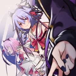  2others bare_shoulders black_nails blue_eyes blue_hair bow bowtie braid collared_shirt female flower_(gynoid_talk) flower_(vocaloid) fur-trimmed_jacket fur_trim gradient_hair gynoid_talk hairband hakama hakama_short_skirt hakama_skirt highres horns jacket japanese_clothes kashisuover long_hair looking_at_another meika_hime meika_mikoto miniskirt multicolored_hair multiple_others open_mouth other_focus out_of_frame pink_eyes pink_hair purple_jacket red_bow red_bowtie red_skirt sailor_collar shirt skirt sleeveless sleeveless_shirt smile upper_body v vocaloid white_shirt 