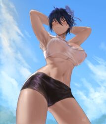  alternate_breast_size ass_visible_through_thighs backlighting blue_hair blush bow breasts cloud cloudy_sky commentary commission contrapposto cowboy_shot crop_top dated_commentary female from_below hair_ornament hair_ribbon hairbow hand_on_own_head highres huge_breasts hunyan midriff navel nisekoi outdoors red_eyes ribbon see-through shiny_clothes shiny_skin short_hair short_shorts shorts signature sky solo symbol-only_commentary toned tsugumi_seishirou underboob 