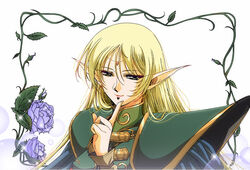  armor blonde_hair circlet deedlit elf female green_eyes hair_between_eyes hikaru_(mikan0407) index_finger_raised long_hair pointy_ears record_of_lodoss_war shoulder_armor solo sparkle straight_hair upper_body white_background 