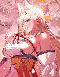  animal_ears bare_shoulders blonde_hair blue_archive blush breasts collarbone detached_sleeves dolce_(dolsuke) eyeliner female fox_ears halo highres japanese_clothes kaho_(blue_archive) kimono large_breasts long_hair makeup mole mole_under_mouth parted_bangs rope sash short_eyebrows sideboob sideless_kimono sleeveless sleeveless_kimono smile solo white_kimono wide_sleeves yellow_eyes 