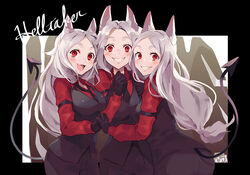  3girls :d animal_ears arm_garter black_gloves black_jacket blush breasts cerberus_(helltaker) clenched_teeth commentary_request copyright_name demon_girl demon_tail dog_ears dog_girl gloves helltaker highres holding_hands interlocked_fingers jacket long_hair looking_at_viewer medium_breasts multiple_girls open_mouth piyoyanagi red_eyes red_shirt shirt siblings sisters smile tail teeth triplets waistcoat white_hair 